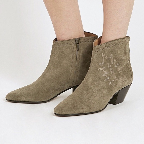 Isabel Marant / Dacken olive green tan Suede Embroidered Leather Ankle Bootie 39 - Picture 1 of 10